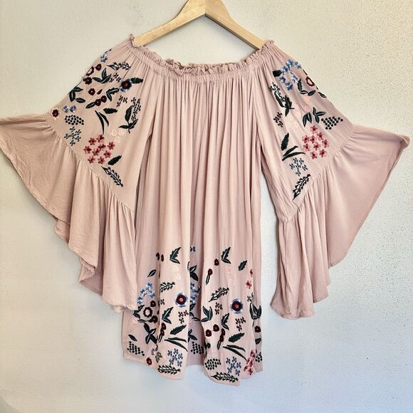 Altar'd State Women's Dusty Rose Gauze Dress Embroidered Off Shoulder Small - Picture 1 of 13